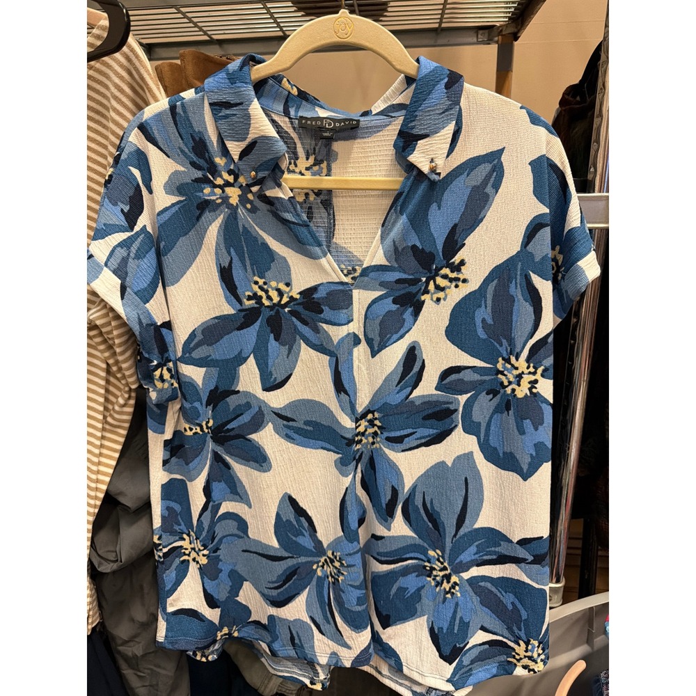 Fred David Blue White Floral Print Short Sleeve V-Neck Blouse Large